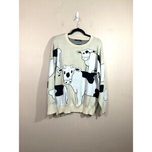 Simplee Womens Cow Print Crew Neck Sweater XL Beige Country Farm Animals